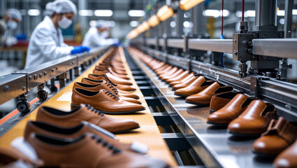 Rows of elegant brown leather shoes move along a modern automated factory production line.