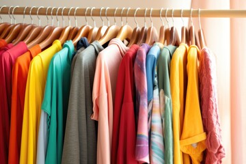 Wooden hangers with clothes on the rail in the store with women's clothing for sale. Shirt, dress, jacket, blouse. Flea market, second hand, discount, exchange, donation