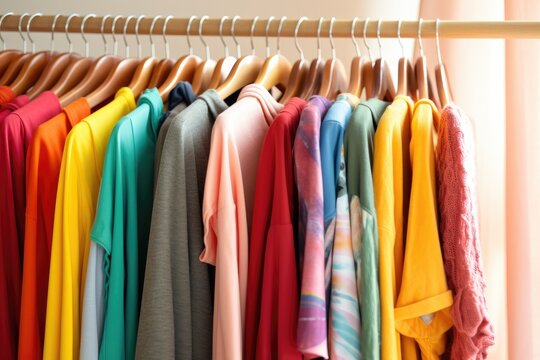 Wooden hangers with clothes on the rail in the store with women's clothing for sale. Shirt, dress, jacket, blouse. Flea market, second hand, discount, exchange, donation