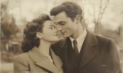 Man and woman in love, vintage old photo, romantic couple, generated ai

