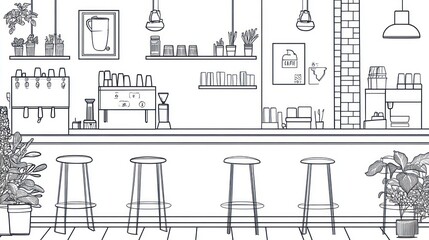 Line drawing of a cafe interior, with bar, equipment, and plants.  Possible use Stock photo for interior design inspiration, cafe advertising, or educational resources