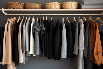 Wooden hangers with clothes on rods in the storage room. Women's wardrobe, many different blouses, jumpers, shirts, coats, boxes.