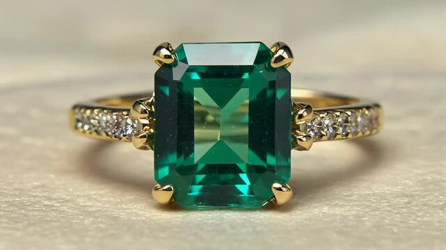 Radiant emerald ring on textured surface: luxurious closeup of gemstone brilliance with intricate gold and diamond detailing
