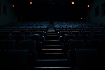 Fototapeta premium Dark and moody empty cinema room with dim lighting. A cinematic atmosphere perfect for movie, horror, mystery, and entertainment-related projects