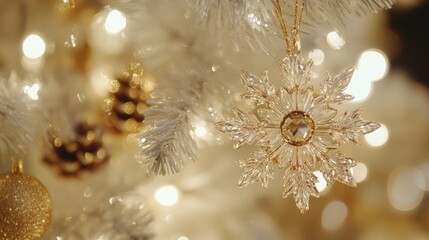 Sparkling Snowflake Ornament on White Christmas Tree