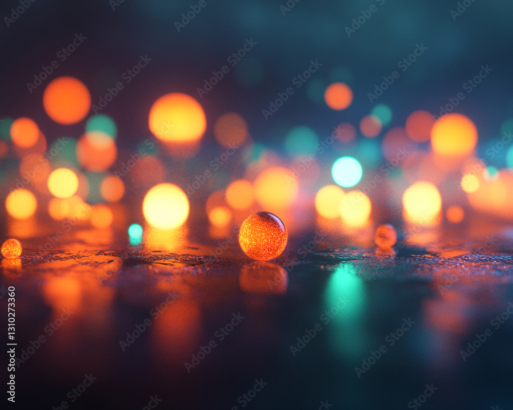 Poster abstract image of glowing orange and teal spheres on dark surface, creating a bokeh effect, showcasi