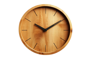 Wall clock displays simple and elegant wooden design with black hands marking the time in a modern interior setting