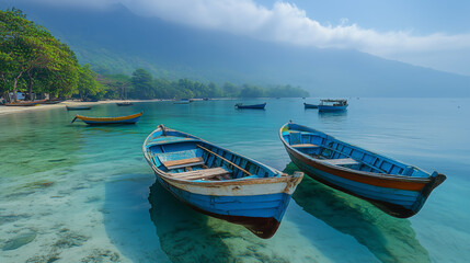 Fototapeta premium Tranquil morning at the coast with blue wooden boats floating in clear water surrounded by lush greenery and mountains in serene ambiance