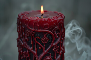 decorative candle design, on a white surface, a tall red candle with ornate leaf and vine carvings drips crimson wax, casting delicate shadows the darkened wick stands tall and ready for a new flame