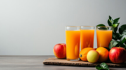Fototapeta premium Golden Refreshment: Apple Juice & Fresh Fruits on Rustic Table