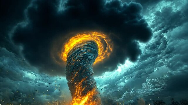Epic Storm Vortex: A mesmerizing display of nature's power, with a colossal tornado swirling beneath a dramatic, ominous cloudscape, the vortex glows with an inner fiery intensity.