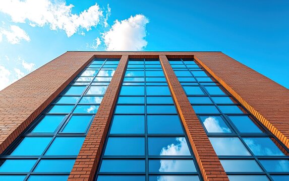 Modern brick building with reflective glass windows against a blue sky