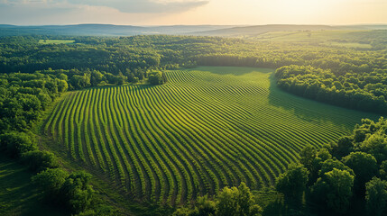 Obraz premium Lush green vineyard rows under a golden sunset in a serene rural landscape