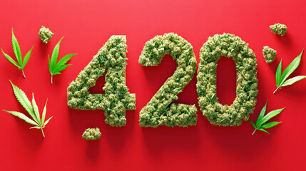 Number 420 made of marijuana buds on red background. Symbol of cannabis smoking culture