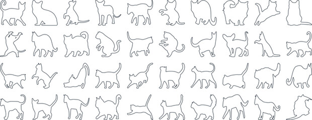 Cat Silhouettes Vector Illustration, perfect for Halloween, cat lovers. Features various cat poses, paw prints. Ideal for pet, animal, feline, domestic, house cat