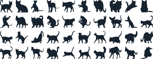 Naklejka premium Cat Silhouettes Vector Illustration, perfect for Halloween, cat lovers. Features various cat poses, paw prints. Ideal for pet, animal, feline, domestic, house cat