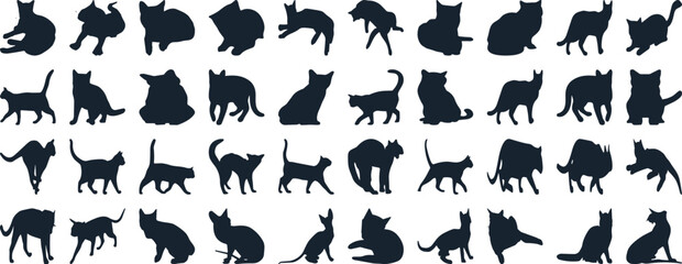 Cat Silhouettes Vector Illustration, perfect for Halloween, cat lovers. Features various cat poses, paw prints. Ideal for pet, animal, feline, domestic, house cat
