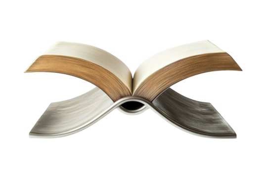 Open book displaying its pages in an elegant curve on a white background, emphasizing its texture and detailing