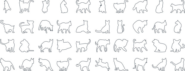 Cat Silhouettes Vector Illustration, perfect for Halloween, cat lovers. Features various cat poses, paw prints. Ideal for pet, animal, feline, domestic, house cat