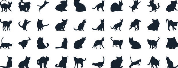 Cat Silhouettes Vector Illustration, perfect for Halloween, cat lovers. Features various cat poses, paw prints. Ideal for pet, animal, feline, domestic, house cat