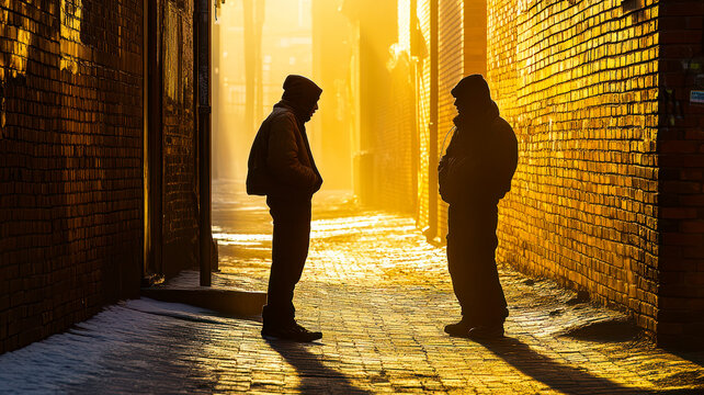 Two suspicious men talking in alley