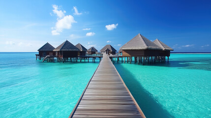 Aerial View of Maldives Island Resort with Luxurious Overwater Villas Above Crystal-Clear Turquoise Waters, Connected by Wooden Pier, Under Bright Cloudless Blue Sky