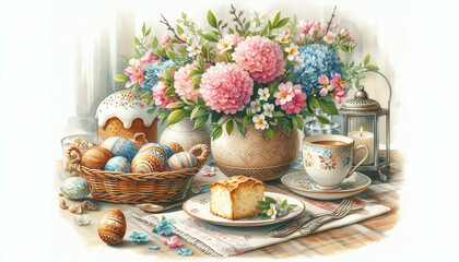 Obraz premium A cozy watercolor still life of an Easter table setting, featuring a decorated egg centerpiece, fresh flowers in a vase, and a plate with traditional Easter bread.