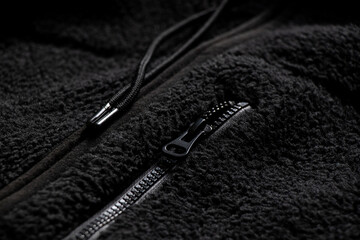 Black warm sweater with a zipper and a pocket with a zipper as a background, synthetic material