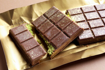 Pieces of delicious Dubai chocolate with pistachios and knafeh on dark beige background, closeup