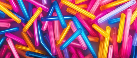 Fototapeta premium Brightly colored plastic straws are haphazardly arranged on a table surface.