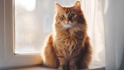 Fluffy Ginger Cat Sitting By Window