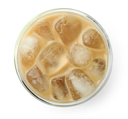 Refreshing iced coffee with milk in glass isolated on white, top view
