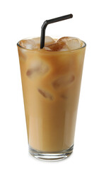 Refreshing iced coffee with milk in glass isolated on white