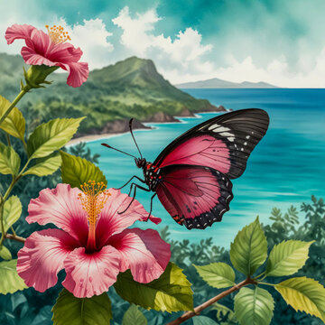 Watercolor illustration of a Pink-spotted Cattleheart butterfly resting on a wild hibiscus in a Caribbean jungle