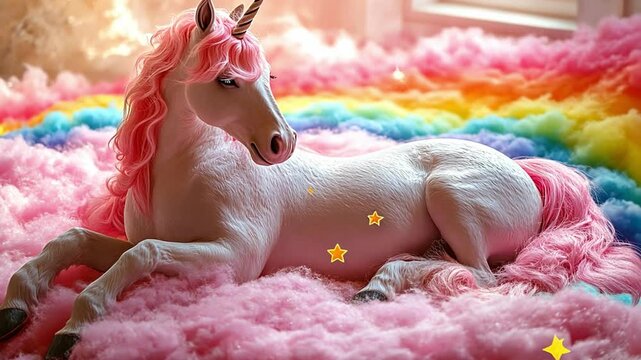 Magical Unicorn Resting: A captivating unicorn with a flowing pink mane and tail, lounges gracefully amidst a vibrant rainbow cloud, creating a scene of pure fantasy and wonder. 