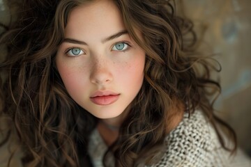 Close-up of a stunning girl with luscious cascading curls.