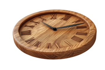 Wooden wall clock with Roman numerals and sleek black hands in a modern design
