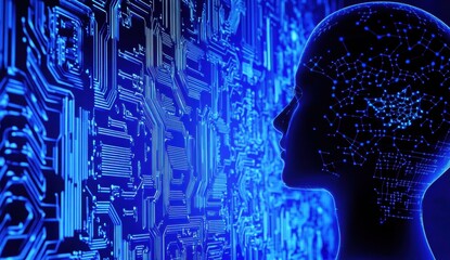Abstract blue circuit board background with a human head silhouette and glowing digital waves for an artificial intelligence concept design Generative AI