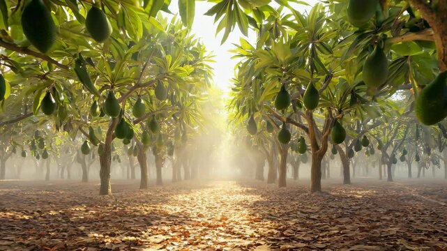 Serene avocado morning: sunlight illuminating rows of fruitbearing trees in lush greenery with gentle autumn leaves