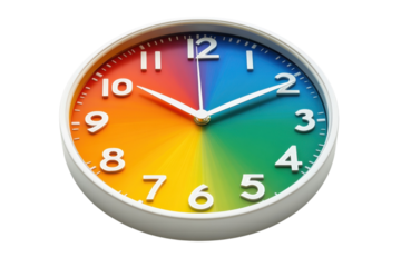 Colorful wall clock displaying the time in a vibrant, rainbow gradient design