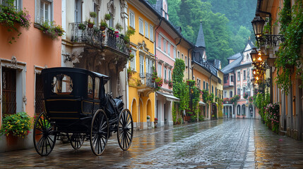 Fototapeta premium Charming cobblestone street with horse-drawn carriage in a picturesque European town during a rainy day