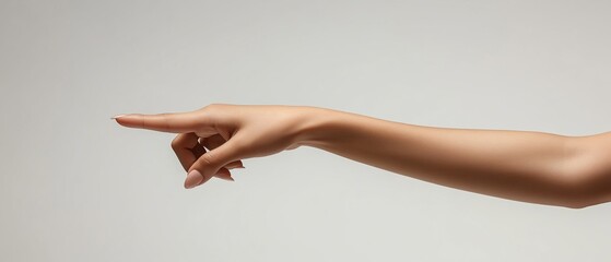 Woman's hand pointing, studio shot, neutral background, website design