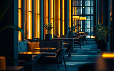 Obraz premium Modern lounge with ambient lighting and elegant decor at a city hotel during the evening
