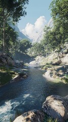 Serene mountain stream flowing through lush valley