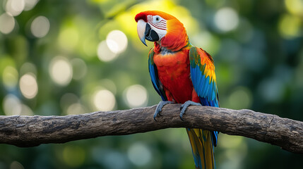 Obraz premium Colorful macaw perched on a branch in a lush green environment showcasing vibrant feathers during daylight
