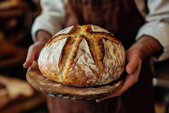 Freshly baked bread with a crispy crust held on a tray in a bakery. Generated AI