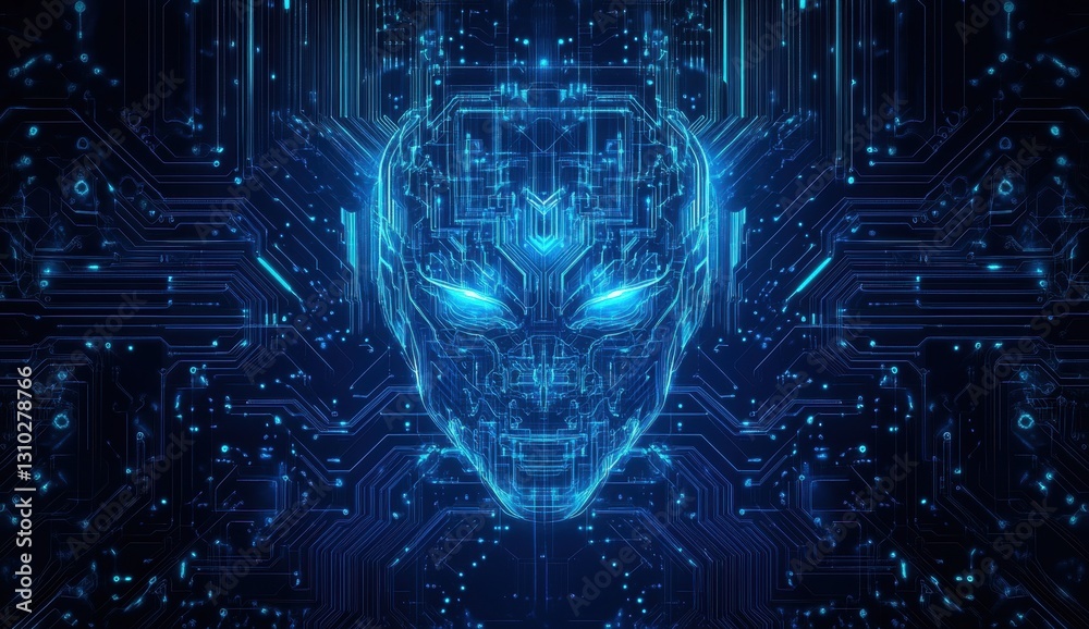 Poster abstract digital background with circuit board lines forming the shape of an ai head, symbolizing ar
