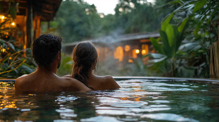 Couple relaxes in a tranquil hot spring amidst lush tropical foliage during twilight