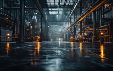 Fototapeta premium Industrial facility showcasing advanced manufacturing processes during the evening with vibrant lighting and reflections on the floor