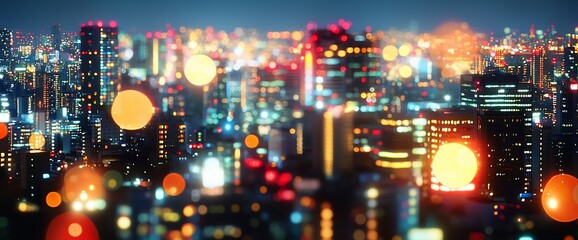 Obraz premium Night cityscape with bokeh lights, showcasing urban architecture and vibrant energy.